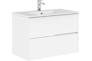 Baikal Mueble de baño Gavin, 2 cajones, suspendido en Pared. Incluye Lavabo cerámico. Varios Acabados. Se Entrega Montado. Sin Espejo 80 cm Blanco
