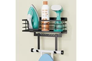 KES Ironing Board Hanger Wall Mount with 40kg High-Capacity, 3X Heavy Duty Ironing Board Holder with T&V Shaped Hooks, Extra Large Storage Basket, No Breaking Sturdy Screws Included, Black, HIR502-BK