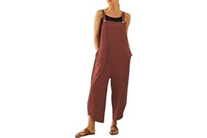 Runstarshow Womens Linen Overalls Baggy Adjustable Strap Sleeveless Jumpsuit Playsuit Bib Pants Dungarees with Pockets