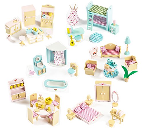 Complete Pack of 6 Sweetbee Wooden Dolls House Furniture Sets - Bargain Bundle! 6 beautiful room sets for children's dolls houses