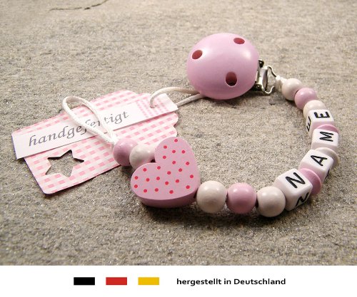 kleinerStorch Baby Schnullerkette mit Wunschnamen – Mädchen Motiv Herz rosa - 3