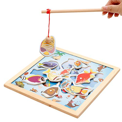 Preisvergleich Produktbild Tawcal Magnetisches Angelspiel, Holz Angeln Spielzeug Angelspiel aus Holz Puzzle Kinderspiel Pädagogisches Spielzeug für Kinder Kleinkind 11 Fische +2 Angelruten