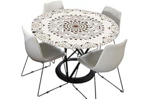 Morbuy Tischdecke Outdoor Rund 120 cm, Elastisch Rund Abwaschbar Tischdecken Wasserabweisend Lotuseffekt Garten Tischdecke Creme Mandala Table Cloth, Ideal für 100cm-110cm
