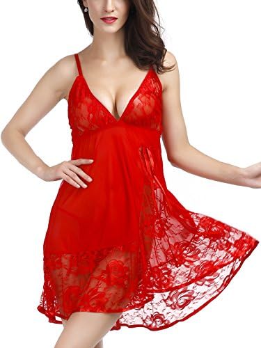 Fetoo Women's Lingerie Set Babydoll Ladies Sleepwear Chemises Nightwear Outfit Underwear with G-String Red XL