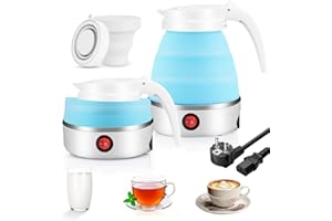 KAYUNEED Hervidor de agua plegable, 0,6 l, hervidor de agua portátil para camping, con 2 vasos plegables, hervidor de agua eléctrico de silicona con base de acero inoxidable 304, hervidor de agua de viaje para