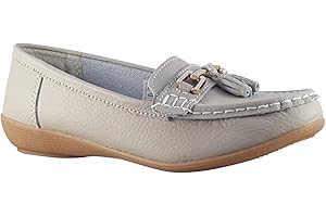 Jo & Joe Nautical Ladies Leather Loafer Shoes, Tassel Flat, Women's Size 7.5-8, Flexible Rubber Grip Sole, Round Toe, Pull-On, 1 inches Heel, Cold Lining, Solid, Low Top, Comfort Wear, Party