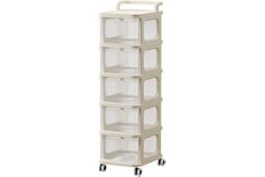 MICHEAR 2/3/4/5-Layers Storage Rack on Wheels Storage Box Shelf Plastic Bedside Table on Wheels, White Cupboard Clothes/Shoes/Toys/Snack Organizer Cart for Living Room/Bedroom/Hallway/Office (5 Drawers)