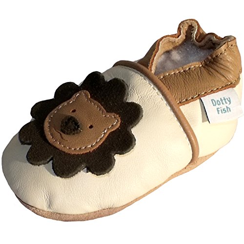 Soft Leather Baby boy Shoes with Suede Soles by Dotty Fish Cream and Brown Lion design (2-3 years)