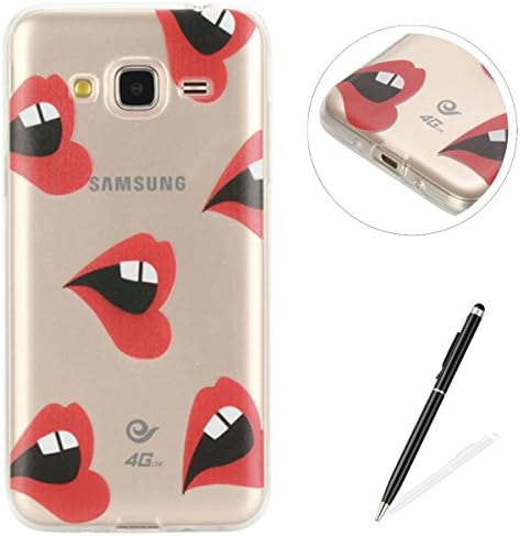 Feeltech Samsung Galaxy J3/J310 case,Flexible Ultra Thin Soft Gel TPU Silicone Rubber Case with Funny Cute Design Pattern Shock-Absorb and Anti-Scratch Protective Premium Clear Bumper Skin Back Cover Drop Protection Lightweight Transparent Case [Free 2 in 1 Stylus] for Samsung Galaxy J3/J310 - Lips