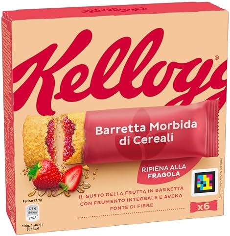 Kellogg's Barretta Morbida | Snack di Cereali al Gusto Fragola | con Frumento Integrale e Avena | Ricca di Fibre | 6 barrette da 37g (Confezione da 222g)