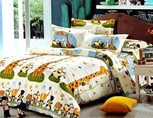 Amvy Creation 220TC Kids Printed Glace Cotton Double Bedsheet with 2 Pillow Covers (Multicolour, 90 x 100 Inch) - Multi Animals