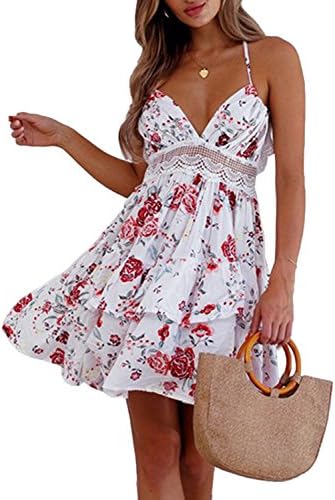 CWCentury Summer Casual Women Fashion Lace Splice Sundresses Pleated Short Dreses of Party Club Prom SkirtsSexy V Neck Suspenders Backless Beach Mini Dress