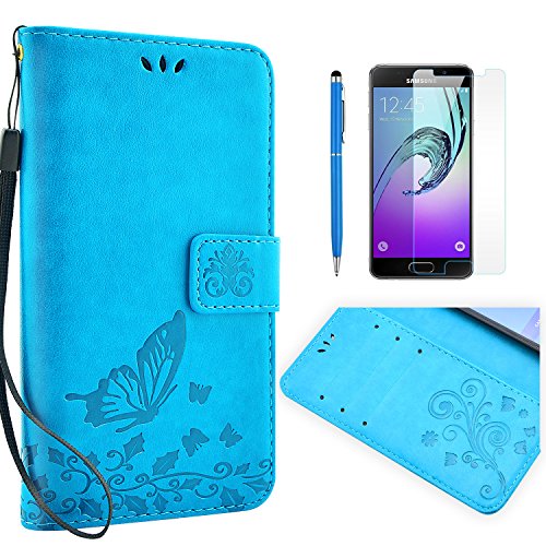 Galaxy A5 (2016) Hülle, Fraelc® Handyhülle Samsung Galaxy A510F 2016 Lederhülle Flip Tasche mit Kartenfächer und Standfunktion Schmetterling Blau Muster Schutzhülle mit 1x Displayfolie + 1x Eingabestift