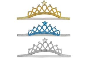 CHUANGOU Princess Tiara Set Girls Crown Tiara Elastic Hair Band Sparkling Crown Headband 3 Pieces Gold, Silver, Blue, Fur