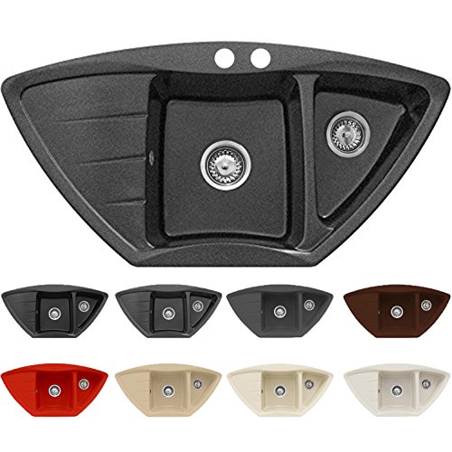 Eckspüle aus Granit VENDETTA in GRAPHIT | Einbauspüle ab 80er Unterschrank | 1,5-Becken-Küchenspüle mit Abtropffläche | Antibakterielle Beschichtung | incl. kompletter Ab-/Überlaufgarnitur + Drehexcenter + 2 Siebkorbventilen