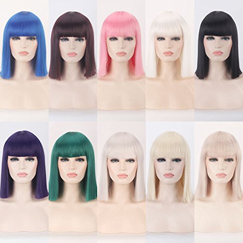 royalvirgin Fashion 40 cm corto bob peluca con pelo sintético Bangs verde pelucas cosplay Perruque resistente al calor