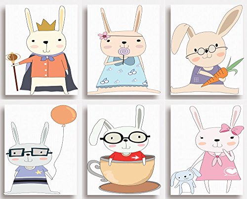 Rosetta London - Juego de 6 Estampados - Lindos Conejos Conejos - Decoración de Pared para habitación Infantil, 149 x 203mm (6"x8")