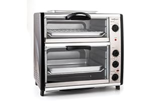 oneConcept All-You-Can-Eat - Four grill, Four électrique, Four double, 42L au total, 2400W, Température réglable, 60-240°, Timers, 2x plaques, Fenêtre large, Broche, Poids 7kg, Argent