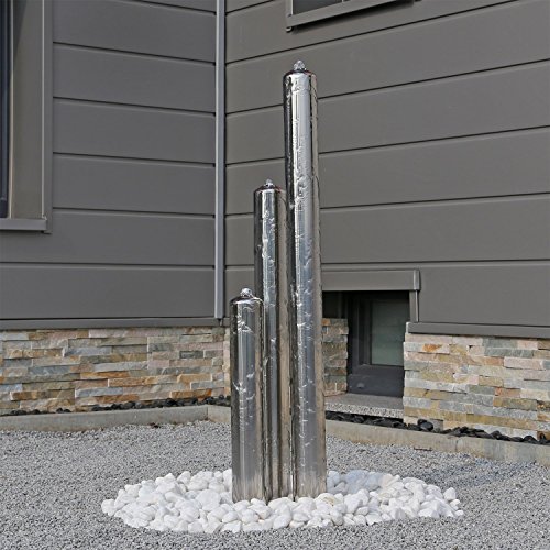 Edelstahl Gartenbrunnen ESB1 mit 100cm Höhe und 3 Säulen aus aufwendig poliertem Edelstahl und LED Beleuchtung Zierbrunnen für Garten - 2
