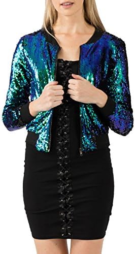 Missmister Womens Ladies Long Sleeve Evening Party Two Tone SEQUIN BOMBER JACKET (UK 12 (EU 40), Green Tone)