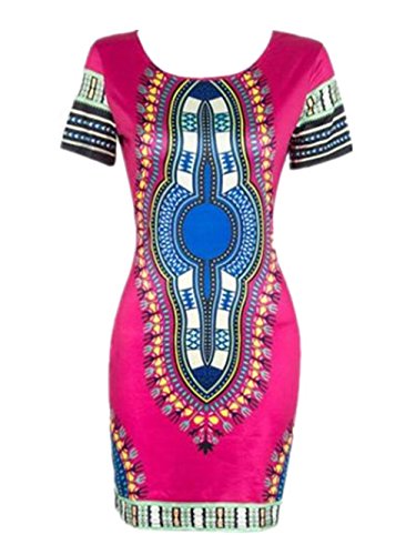 Robe Femme, Koly Femmes Traditionnelle Africaine Sexy Imprimer Dashiki Bodycon Dress Summer Sexy Robe à Manches Courtes (XXL-Buste:37,7 ', Rose vif)