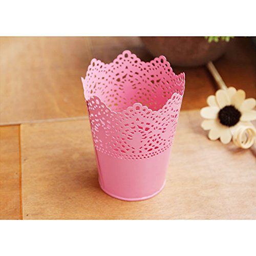 JUYUAN-EU Metall Krone Spitze Blumentopf Stift PinselTopf PinselBehalter Blume Übertopf Halter Decor Lace Hollowpot Pink - 2