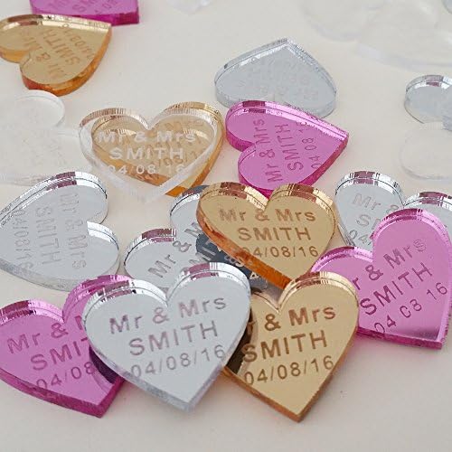 Personalised Wedding Heart Favours Engraved Charm Table Decorations Mr &amp; Mrs Mirror Acrylic