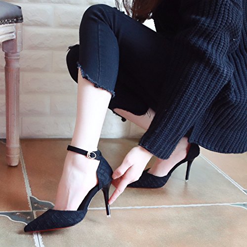 ZHUDJ Spring One Word Buckle Hollow Female Shoes Thin With High Heel Shoes Shallowly Pointed Top Thin Single Shoe