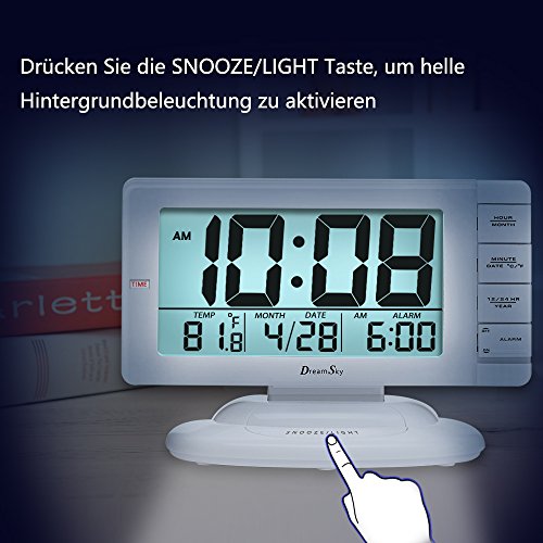 DreamSky Digitalwecker Tischuhr, Uhrzeit, Alarmzeit, Datum, und Temperaturanzeige, laut, ansteigender Weckton, Schlummerfunktion, 5,5 Zoll großes LCD Display mit intelligenter Hintergrundbeleuchtung, Batteriebetrieb, Weiß - 5