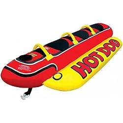 Airhead Hot Dog 3 Bouée tractable - Eau diapositive Banane pour 3 personnes | Ride the Waves avec deux amis | robuste, durable et ultra épais en PVC | amovible, ultra résistant Coque extérieure en nylon avec fermeture éclair et coutures doubles poignées confort | avec cœur en mousse et poing américain en néoprène Protection | Remorque renforcée