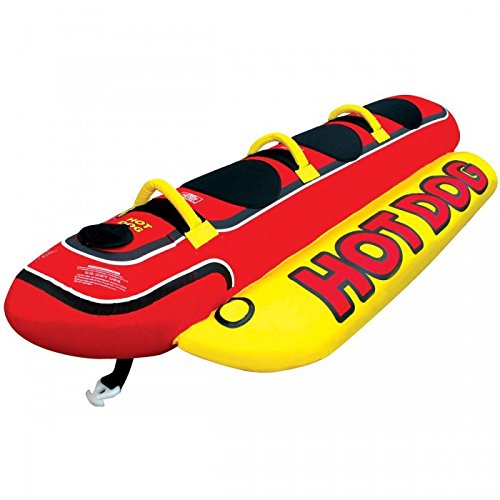 Airhead Hot Dog 3 Bouée tractable - Eau diapositive Banane pour 3 personnes | Ride the Waves avec deux amis | robuste, durable et ultra épais en PVC | amovible, ultra résistant Coque extérieure en nylon avec fermeture éclair et coutures doubles poignées confort | avec cœur en mousse et poing américain en néoprène Protection | Remorque renforcée