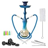 Stückzahl: 1 Set. 2 Schläuche inkl. Mundstück. Metall Kohlenzange. Tontopf. Ascheteller. Glasbowl. Rauchsäule. Bürste. inkl. 10 Stück Kohle. 5 Universal Mundstücke. Länge Schläuche: ca.1 m. Höhe. Shisha: 45 cm. Farbe: Blau.