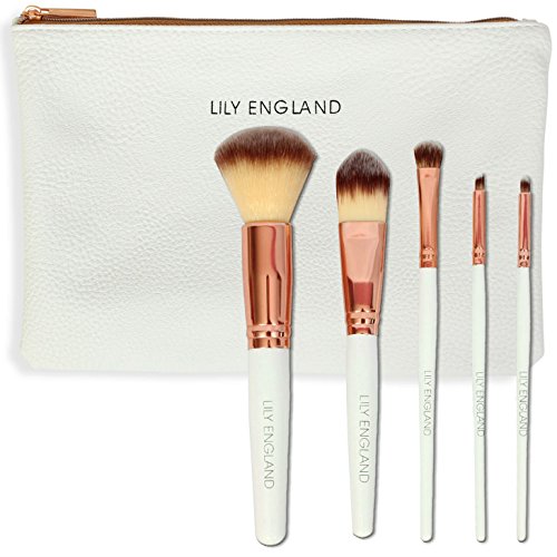 Lily England Rose Gold 5 Piece Best Make Up Brushes Set With Case. Kit Includes Powder & Blush Brush, Foundation Brush, Eye Shadow Brush, Lip Brush & Angled Brow Makeup Brush - Ideal Christmas Gift