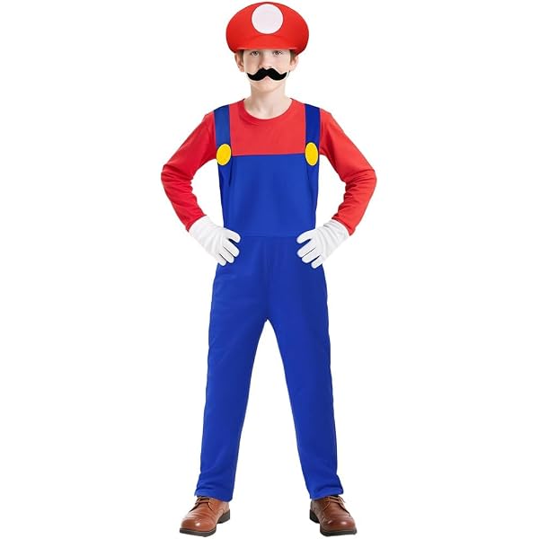 JMOCD Costume Super Plumber Bros – Déguisement Mario/Luigi Adulte Enfant – Avec Bonnet, Barbe, Gants, Porte-clés – Cosplay Halloween