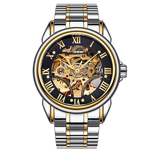 Preisvergleich Produktbild Herren Uhr Automatik Männer Mechanische Automatikuhr Skelett Designer Militär Wasserdicht Schwarz Edelstahl Armbanduhren Mann Leuchtende Steampunk Hand Wind Analoge Klassisch Uhren von YEARNLY