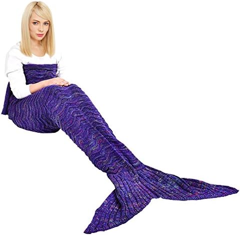 eCrazyBaby Wearable Mermaid Tail Blanket Crochet, All Seasons Warm Knitted Bed Blanket Sofa Quilt Living Room Sleeping Bag for Kids and Adults, Wave Pattern, 70.9" x 35.5" (180 x 90 cm), Violet