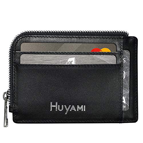 HUYAMI® Tarjetero de Tarjetas de Crédito de Cuero - Cartera Hombre - Bloqueo y Seguridad RFID - Pequeña Billetero Integrado con Cremallera - Se Pueden Guardar hasta 7 tarjetaras bancarias