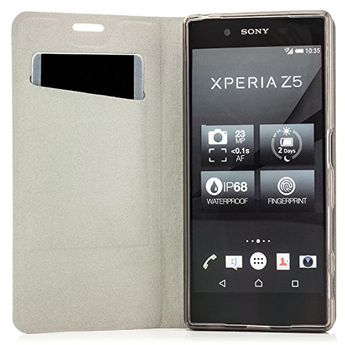 Zanasta Designs Funda Sony Xperia Z5 Compact Cubierta Carcasa Flip Case Tapa Delantera con Billetera para Tarjetas Protectora de Alta Calidad  Cierre Abatible Gris