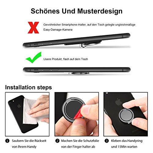 OSSKY Handy Ring Halter Handy Finger Halterung 360Â°freidrehbar Ringhalter, Smartphone Halter + StÃ¤nder mit Einhandbedienung geeignet fÃ¼r alle Handy Typ,passen Magnet Auto Griff (Schwarz)