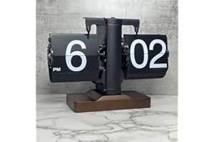 Topiky Flip Desk Clock, Retro Vintage Mechanical Flip Desk Table Clock, Black Walnut Base, Battery Powered Internal Gear Operated Clock, For Living Room, Study Room and Office (Black)
