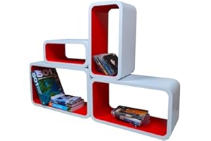 Cube Verstärkte Vielen Farben MDF Retro Design 4er Set Regal Regale Wandregal Deko Würfel CD DVD Lounge LO01 (Weiß/Rot)