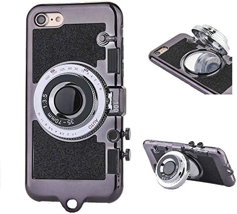 iPhone 6 Case , SENCEE Fashion Cool Camera Makeup Mirror Design Glitter Soft Rubber Kickstand Stand Case Cover for Apple iPhone 6 6S + Lanyard Chain (Black)