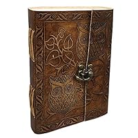 Large Vintage Owl Embossed Blank Book Sketchbook Notebook Leather Journal/Instagram Photo Album (Handmade Paper) - Coptic Bound with Lock Closure by Aislinn Leather (Owl Emboss - Tan Color)