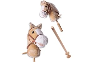TE-Trend Cheval enfichable Sound enfants Hobby Horse Cheval en bois Cheval de jeu Bâton en bois 96 cm 2 pièces Beige