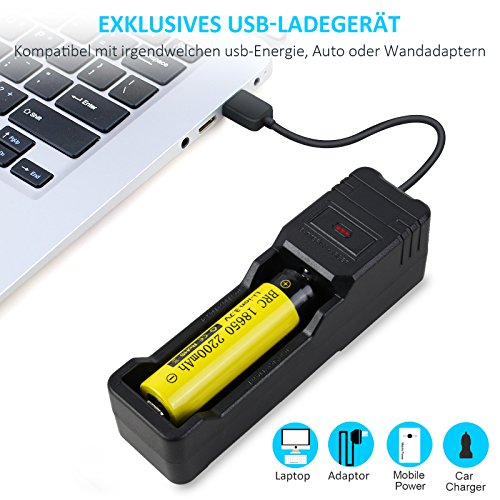 1000 Lumen C8 LED Taschenlampe von BYBLIGHT, Superhelle Taktische Taschenlampe LED aufladbar, Cree XML T6 Chips, IP65 Wasserdichte, 5 Modus,Hochwertigere Handlampe set, für Outoor, Camping, Wandern, Notfälle und Haushalt (Inkl. 18650 Akku und AC-Ladegerät) - 2