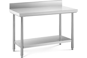 Royal Catering Stainless Steel Work Table Shelf Upstand Prep Table Kitchen Table 120x60cm 137kg RCWT-120X60SB (Capacity Tabletop 110kg, Capacity Shelf 27kg, 60cm Between Levels)