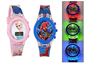 D.k 11 Super Hero Picture Watch for Boys & Princess Watch for Girl. 7 Color Disco Glowing Light Digital Watch for Kids | 3 to 12 Year Kids Gift. (Girl Watch+ boy Watch)