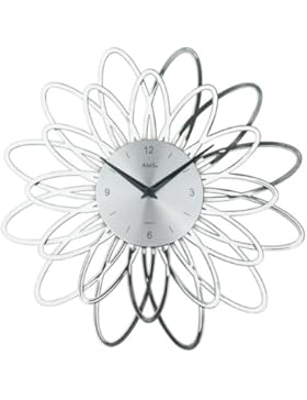 AMS Quarz Wanduhr silberfarben , florales Design in Kunststoff