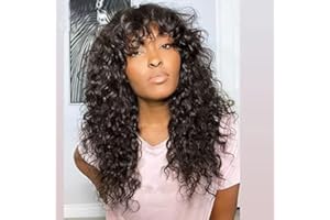 CLASSINE Pelucas Mujer Pelo Natural Humano Pelucas Cabello Natural Rizado Negra Larga Kinky Curly None Lace Front Wig Human Hair Wigs with Bang 180% de Densidad de 20 Pulgada (50 cm)