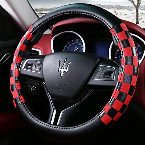 MFEU Universal Leather Steering Wheel Cover PVC Lattice Shape Comfort Durability Safety Fit 38cm / 15 inch Car Vehicle (Black-Red)